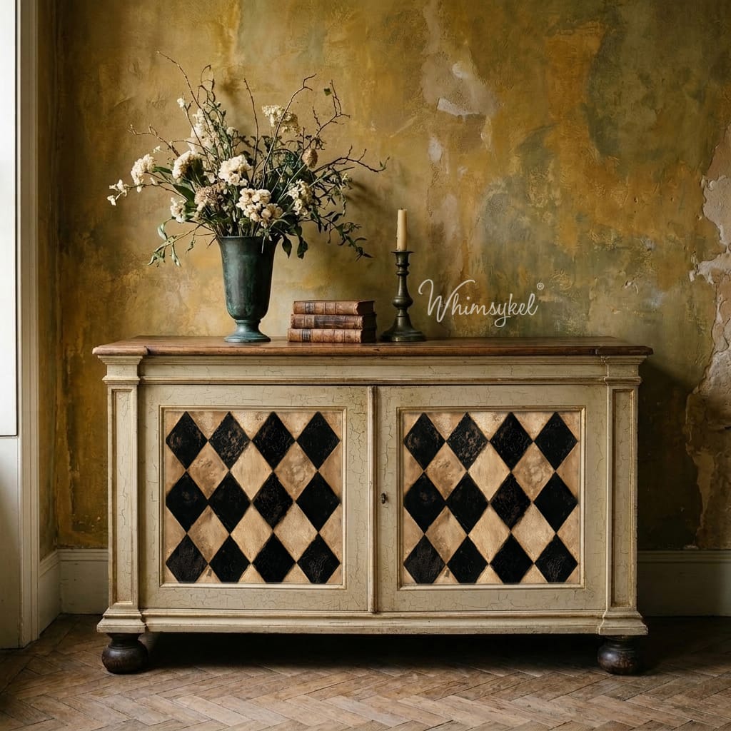 An antique-style wooden sideboard cabinet with two doors featuring black and beige harlequin diamond patterns, styled with a vase of flowers and books against a textured ochre wall. The watermark 'Whimsykel' is visible on the right side.