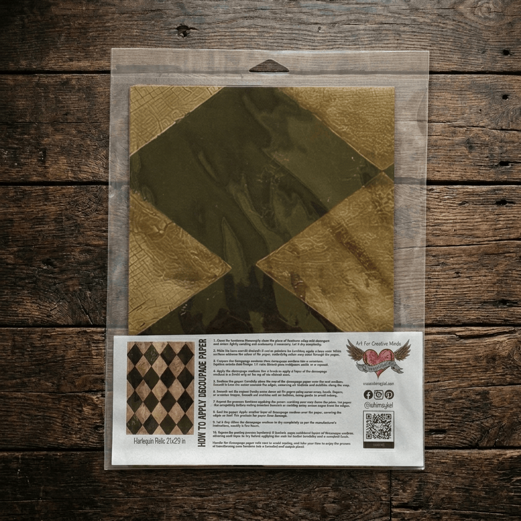 A package of decoupage tissue paper. The product includes a clear plastic bag containing Harlequin Relic design with instructions.