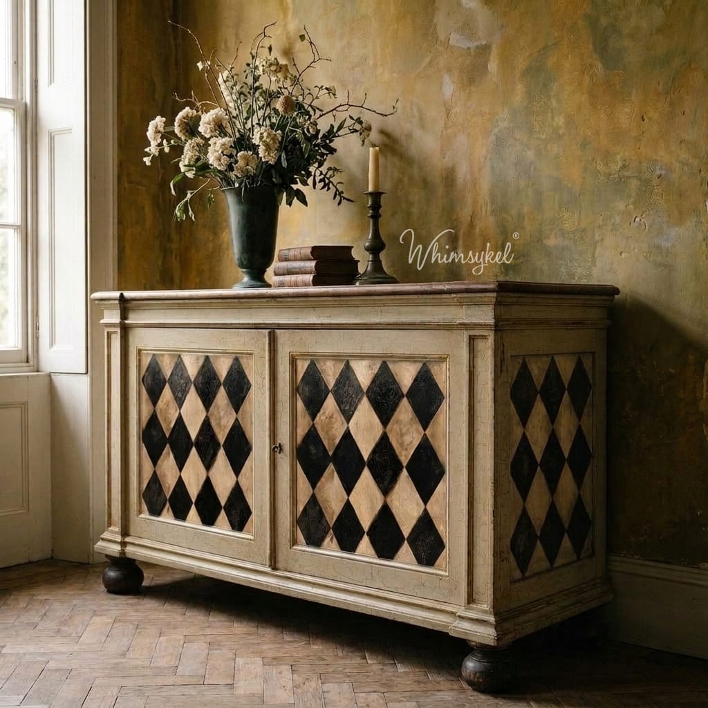 A vintage-style wooden sideboard cabinet with black and beige diamond-patterned doors, styled in a rustic room with a textured gold wall, a window, and decorative items on top.