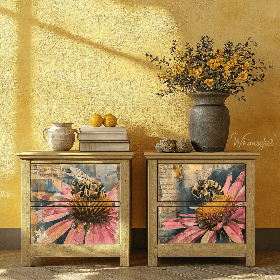 Close-up of layered honey bee-themed decoupage tissue paper displaying intricate bee and honeycomb patterns on 21x29-inch