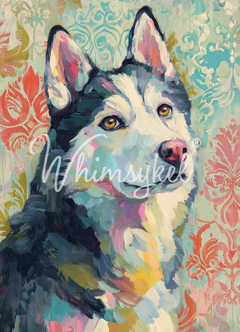 Whimsykel Designs Husky decoupage tissue paper 21x29 inches with detailed dog illustration, vibrant colors, and textured