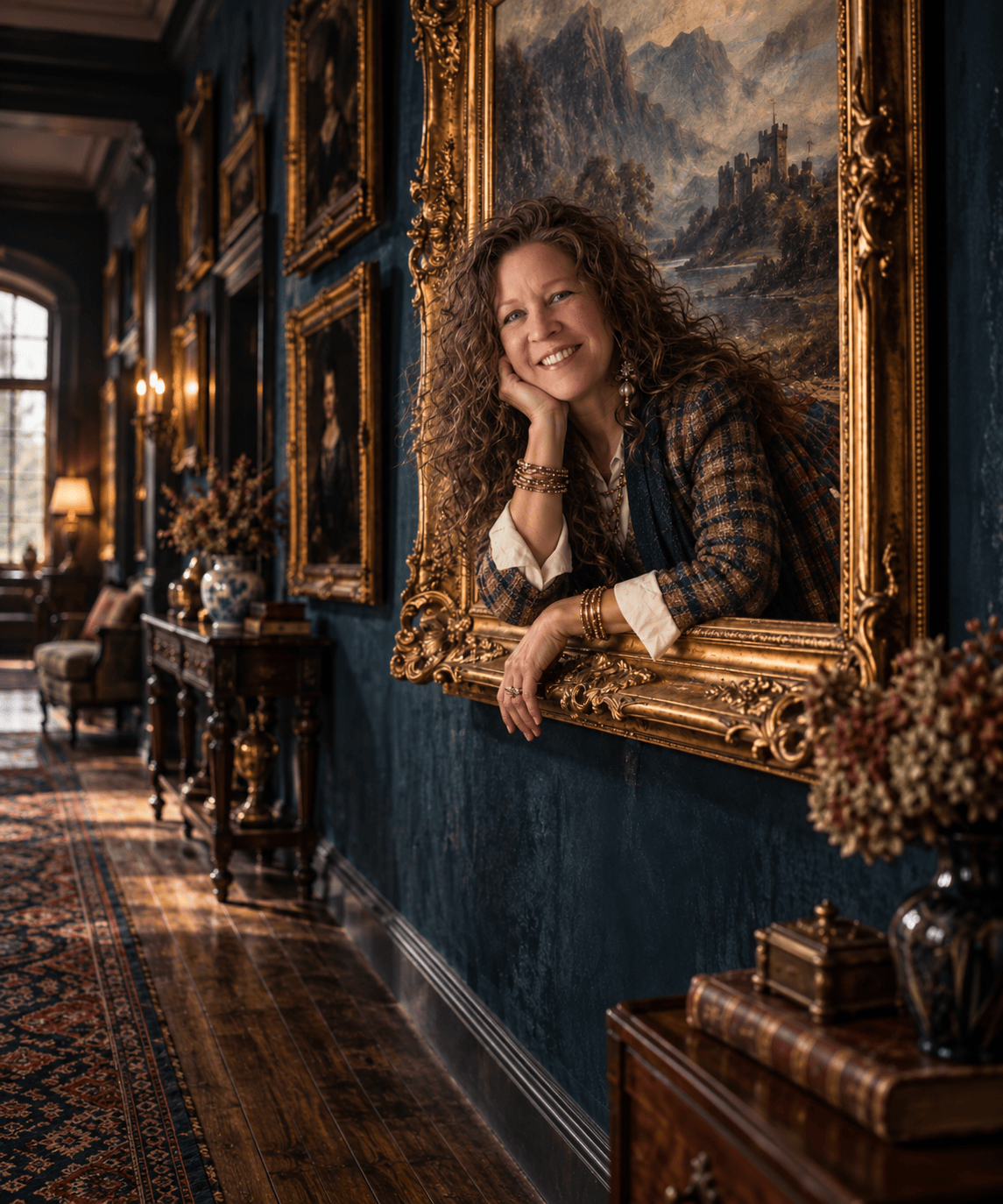 Kelly leaning out through a picture that is hanging on the wall with a large gilded frame