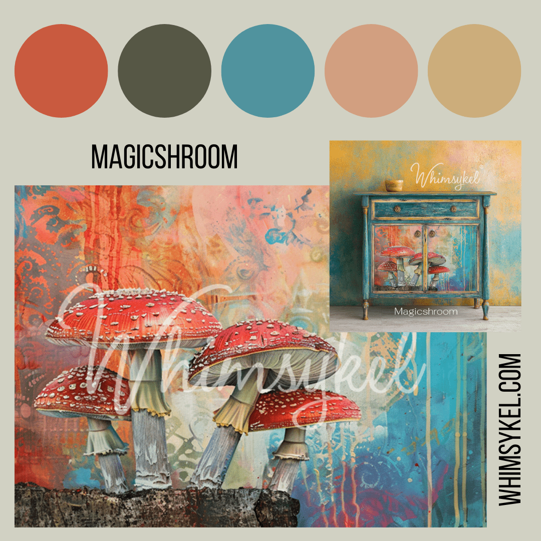 Close-up of vibrant, patterned decoupage tissue paper edges showcasing intricate mushroom designs and bright colors.