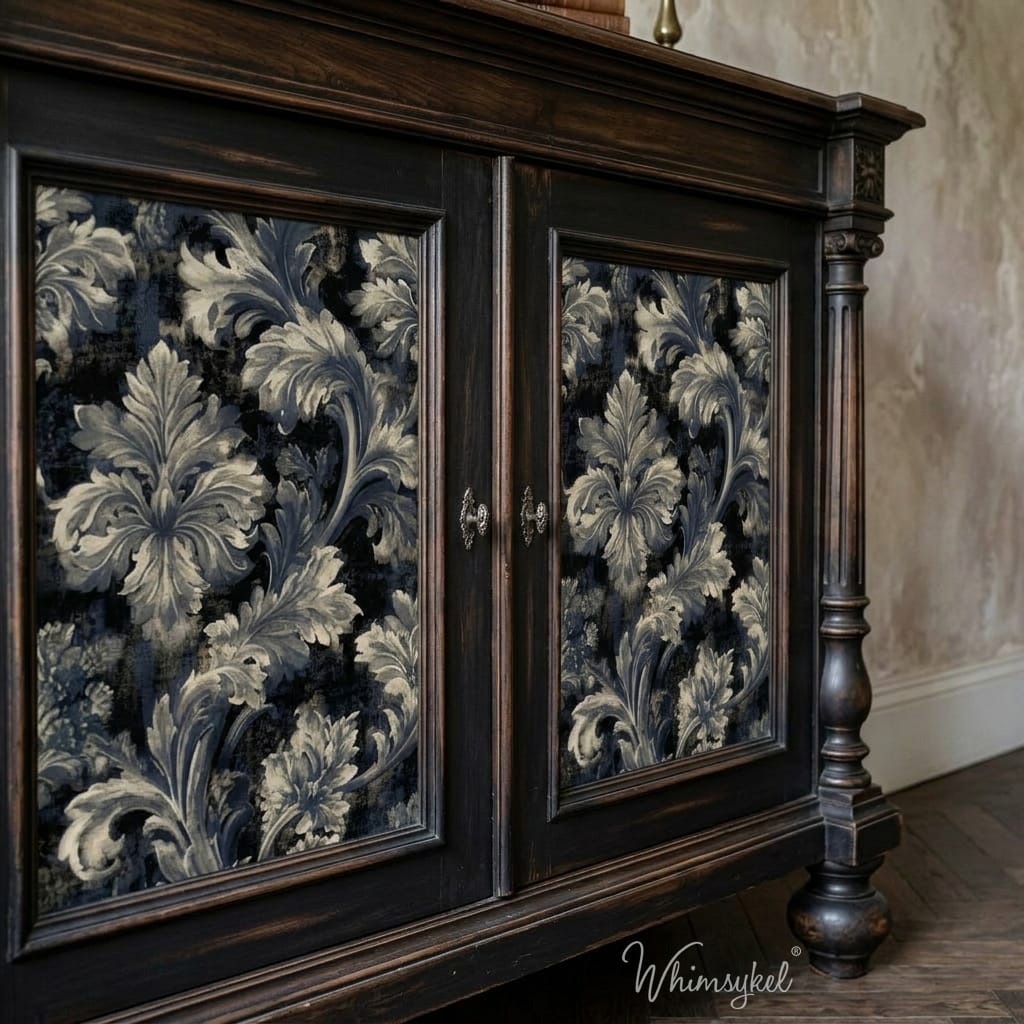 A dark wood sideboard cabinet with two doors featuring a large-scale floral damask pattern in navy, gray, and off-white. The cabinet has ornate turned legs and small metal knobs, set against a textured beige wall and dark wood floor.