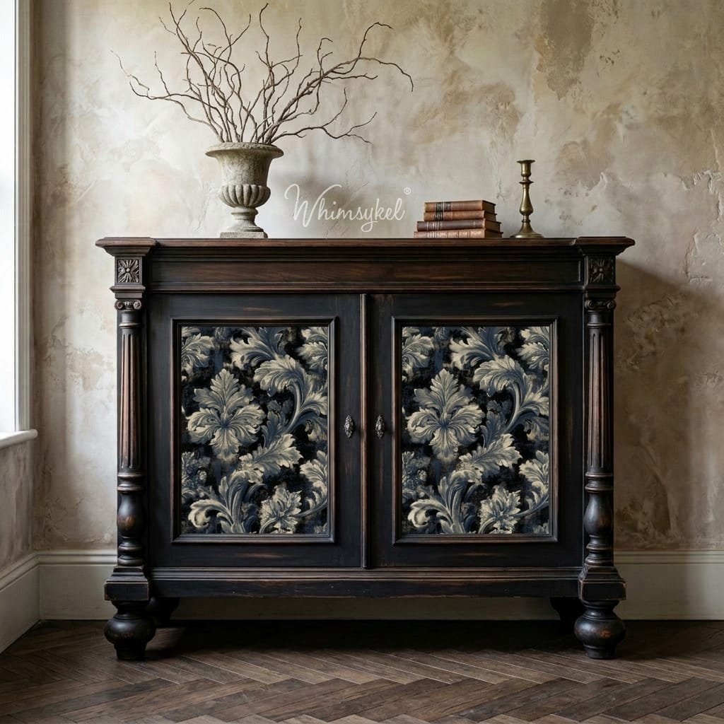 A dark wood sideboard cabinet with two doors featuring ornate floral tapestry panels in muted blue-gray and cream, set against a textured beige wall with decorative branches and books on top.