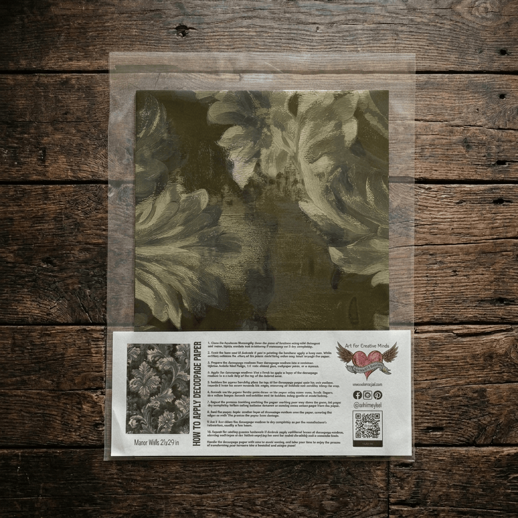 A package of decoupage tissue paper. The product includes a clear plastic bag containing Manor Walls design with instructions.