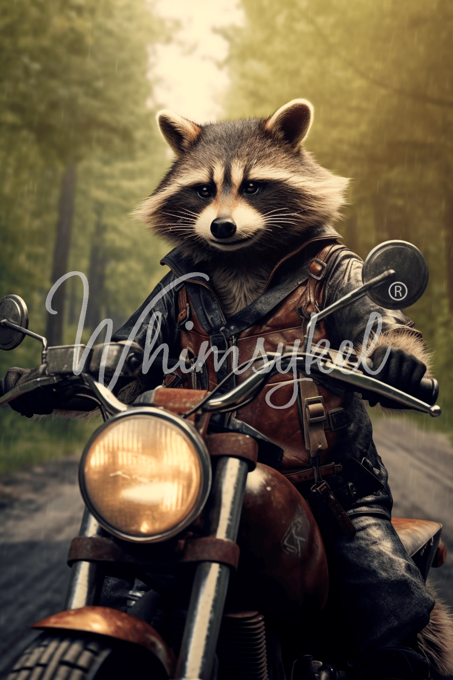 Raccoon character in a leather outfit riding a motorcycle through a forest.