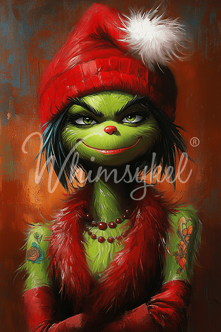 a feminine green furry character dressed for Christmas