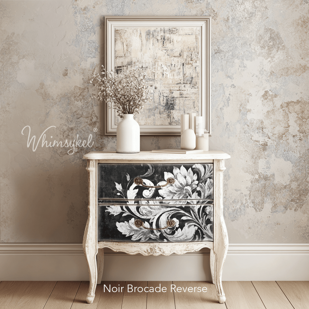 Close-up of noir brocade pattern showcasing intricate weave and rich texture on the decoupage tissue paper surface.