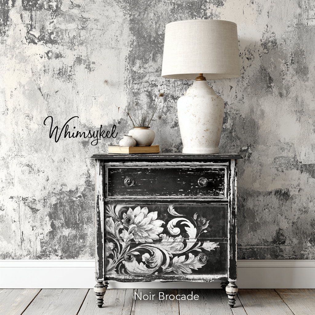 Close-up of Noir Brocade tissue’s intricate gold pattern highlighting textured surface and fine fiber details