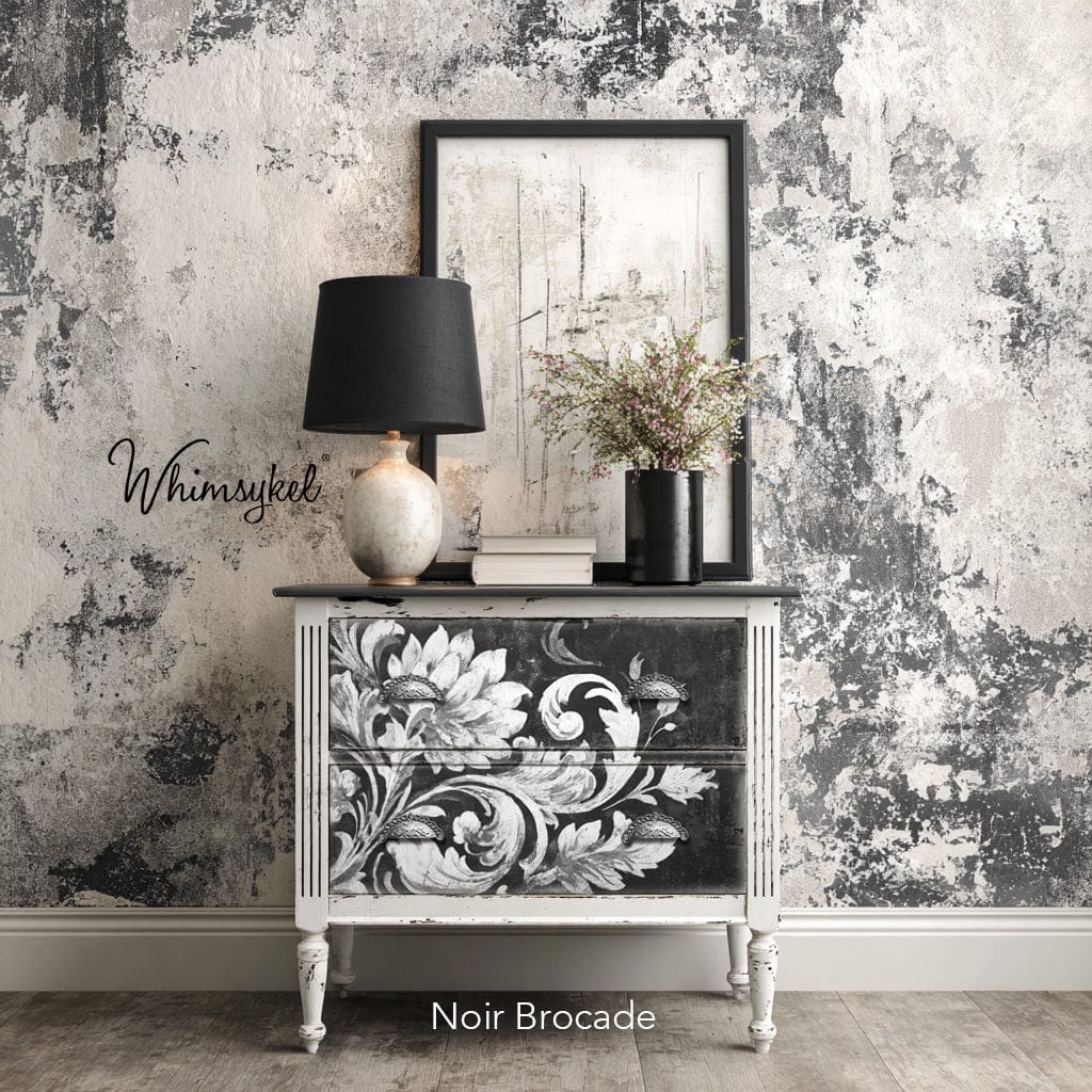 Close-up of the textured creases and shimmering gold accents on the Noir Brocade decoupage tissue paper detailâ€™s embossed