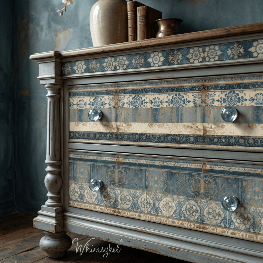 A distressed vintage-style chest of drawers with blue and beige floral patterns, clear round knobs, and a weathered gray-blue painted frame, shown in a rustic room setting. Featuring 3 Papered Past Designs