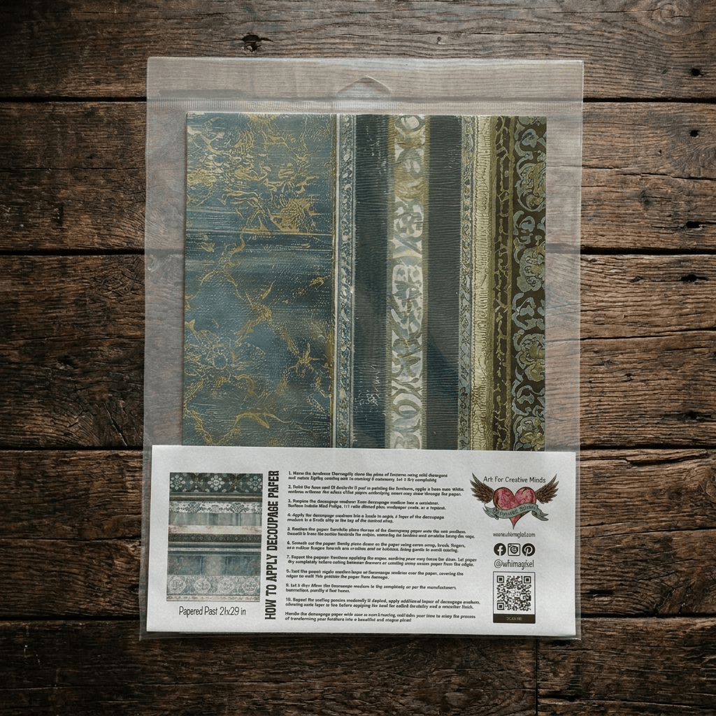 A package of decoupage tissue paper. The product includes a clear plastic bag containing the design Papered Past with instructions.