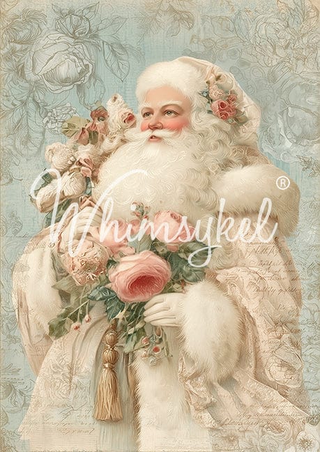 Customized Tissue Paper Pastel Santa design, rice decoupage pattern in soft pink and white, vertical layout on textured