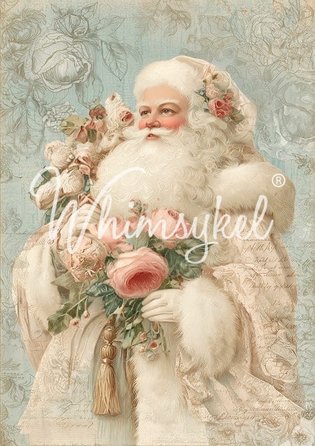 Vintage-style illustration of a pastel floral Santa Claus with 'Whimsykel' branding.