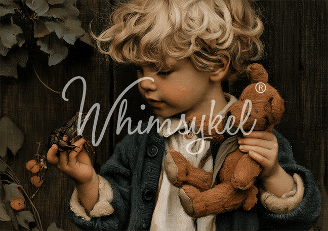 A young boy with curly blond hair holds a brown teddy bear and a small frog against a dark rustic wooden background.