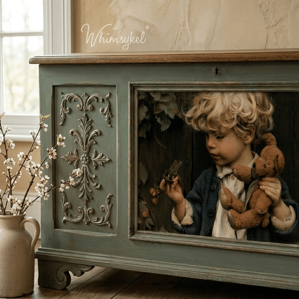 A distressed sage green wooden chest of drawers with ornate carved detailing and a central mirror showing a young blonde boy holding a teddy bear. A white ceramic pitcher with blossoms sits on the floor beside it, and the brand name 'Whimsykel' is printed near the top.