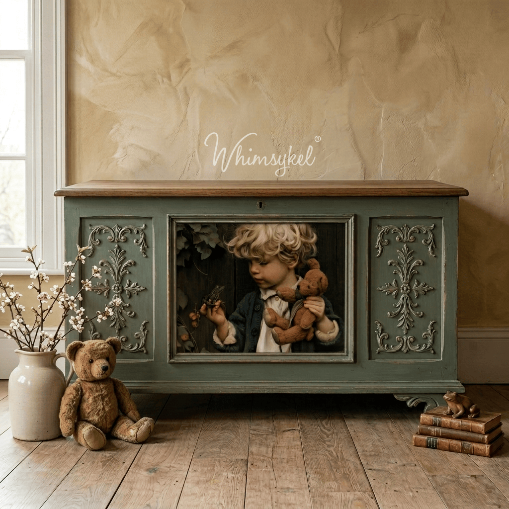 A vintage-style painted wooden cabinet or sideboard in muted sage green, featuring ornate carved panel details and a central framed artwork of a child holding a teddy bear. The cabinet sits on a rustic wood floor against a textured beige wall, with a vase of branches, a teddy bear, and stacked books styled around it.