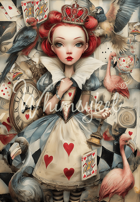 Queen of Hearts decoupage tissue paper, 18 lb lightweight medium, 21x29 inches, Whimsykel Designs, curiosity blooms style