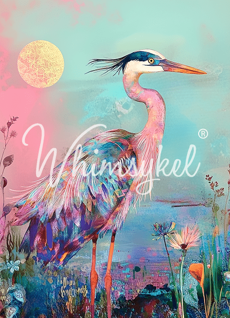 Pastel Morning 18 lb decoupage tissue paper featuring soft hues and illustrated heron design, 14x20 inches, Whimsykel Designs
