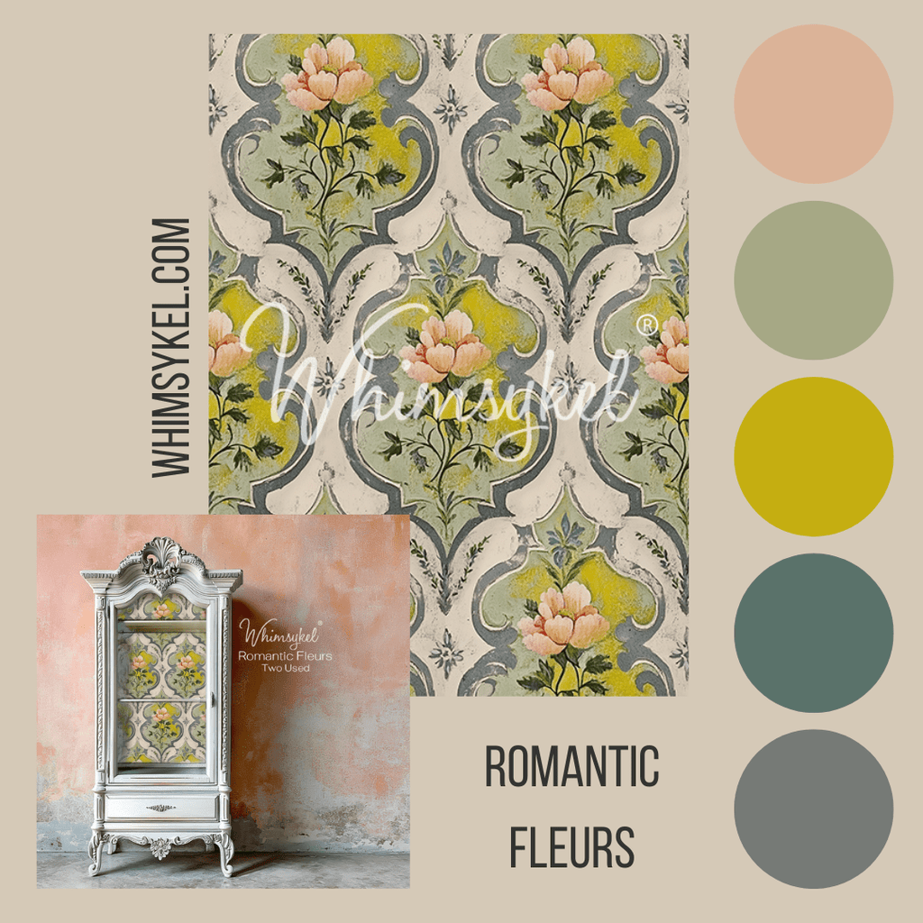Decorative wallpaper look with floral pattern and color swatches.