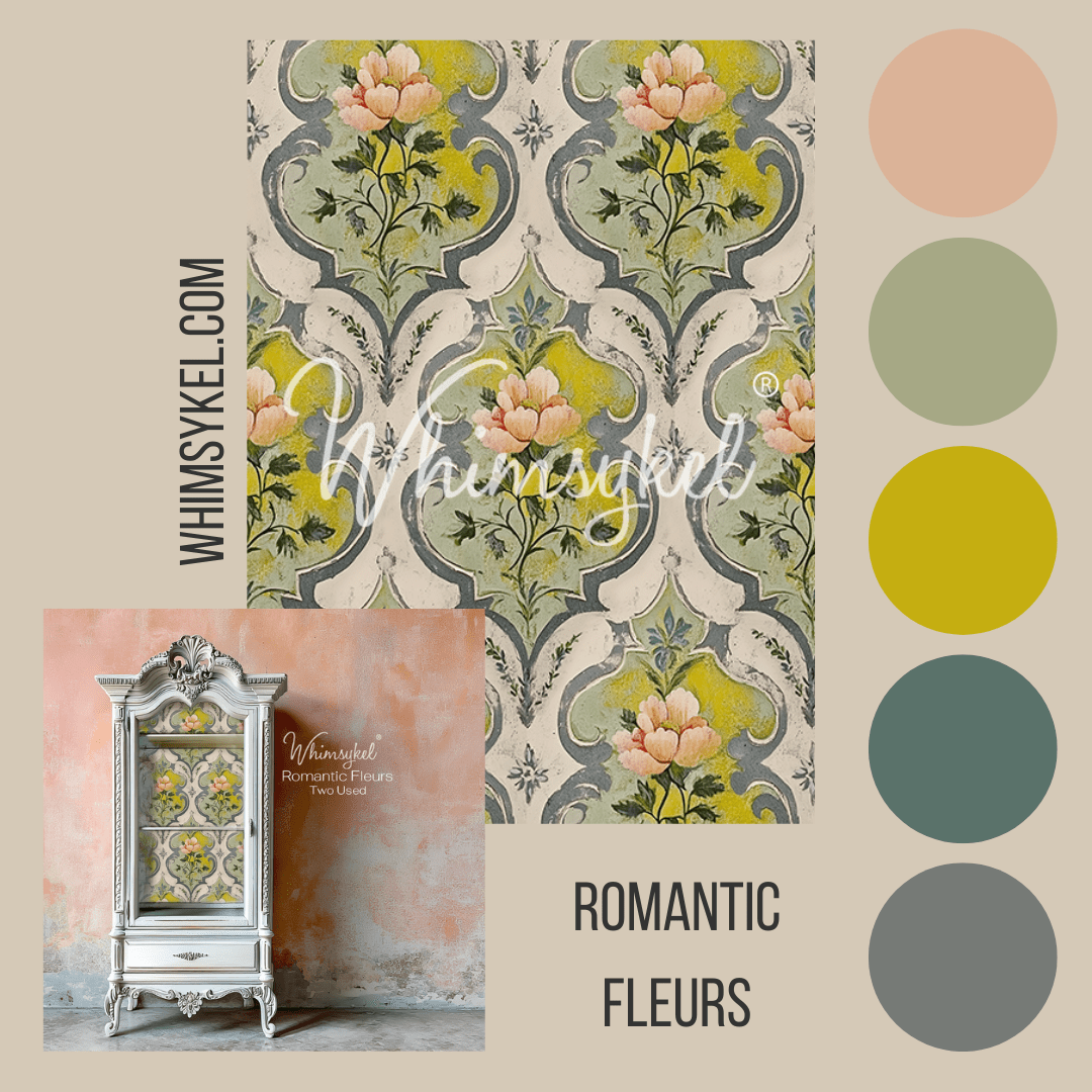 Decorative wallpaper look with floral pattern and color swatches.