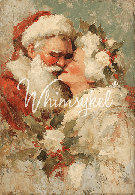 Vintage-style painting of Santa Claus embracing Mrs Claus