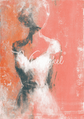 Abstract art print featuring a stylized female figure in a white dress against a textured coral and orange background, with a white watermark across the center.