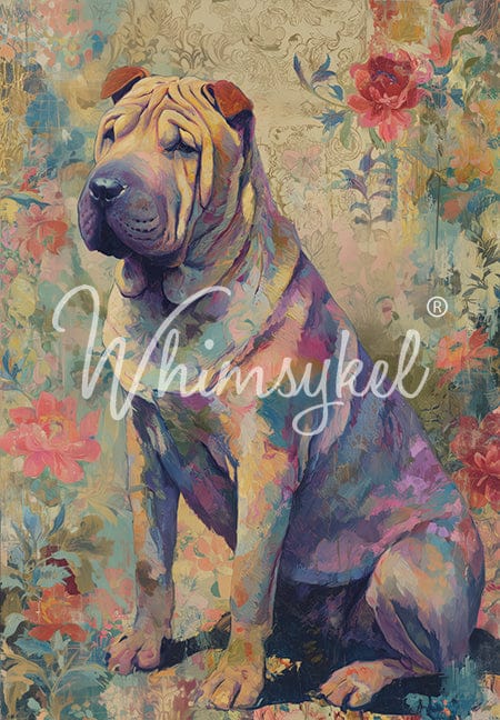 Customized Tissue Paper Shar-Pei dog illustration in rice decoupage design, vertical layout, textured tissue with detailed