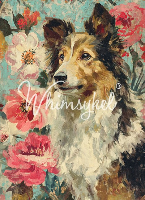 Customized Tissue Paper Sheltie design featuring rice decoupage pattern with green, blue, and beige vertical textures on