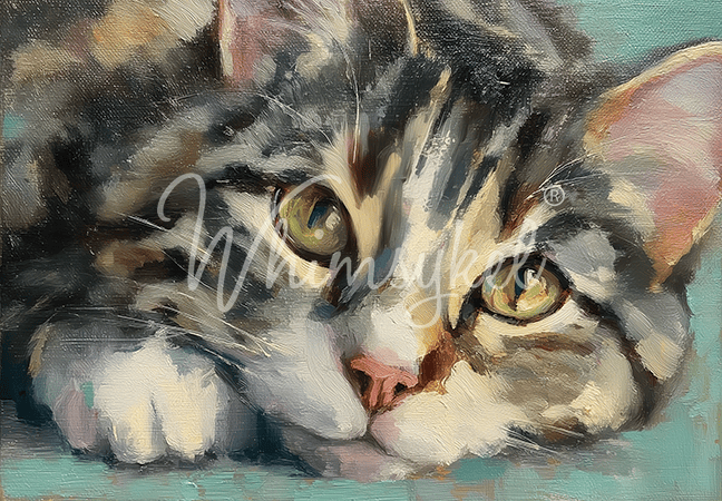 Painting of a gray tabby cat with green eyes on a soft teal background