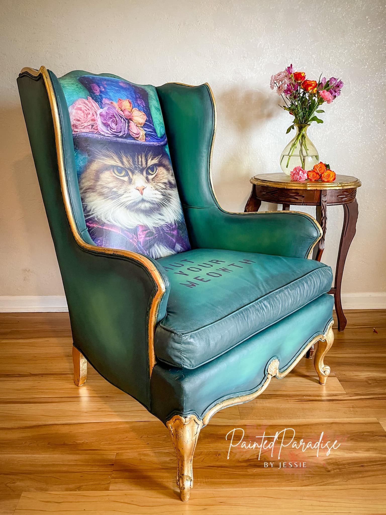 Wingback cair with sour puss in the inback