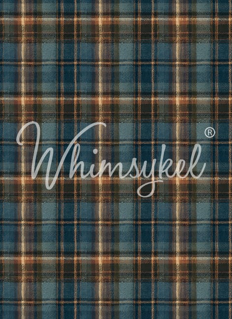 A close-up of a plaid tartan fabric pattern in muted blue, teal, brown, and beige tones. the Whimsykel logo across the middle of the image