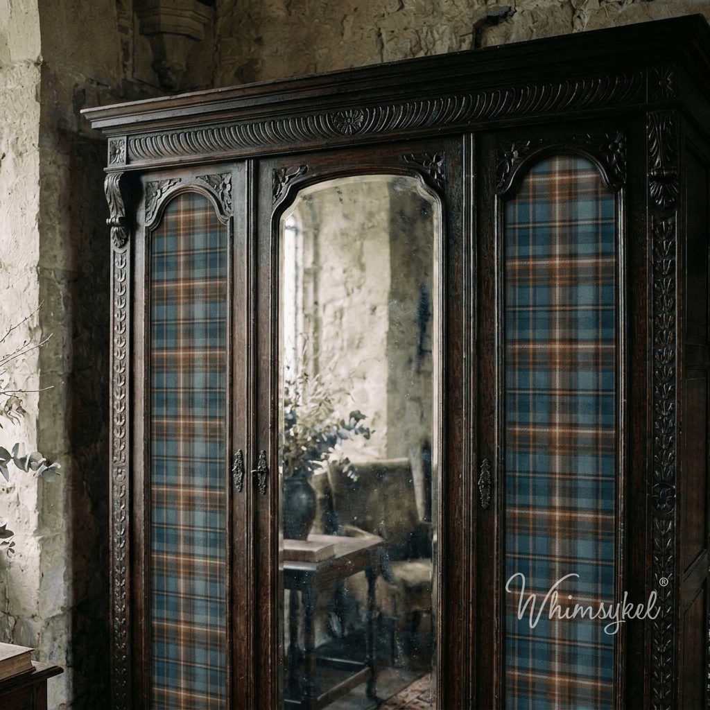 An ornate dark wood three-door cabinet with mirror doors and blue tartan plaid panels, set against a rustic stone wall. A 'Whimsykkel' watermark is visible in the bottom right corner.
