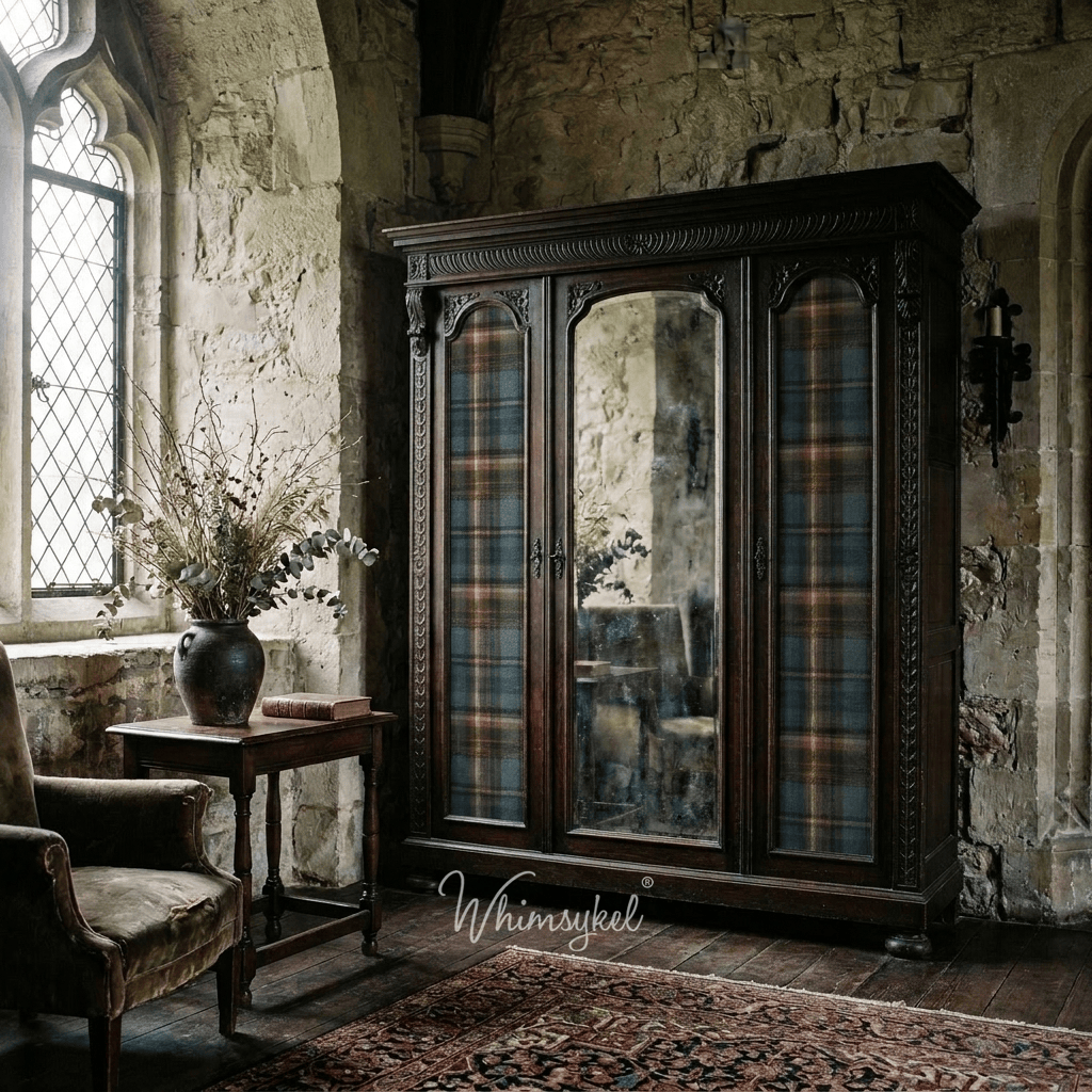 An ornate dark wood cabinet with three arched doors featuring teal blue and brown plaid curtains, set in a rustic stone room with a window, armchair, and rug. The brand name 'Whimsykel' is visible as a watermark at the bottom.