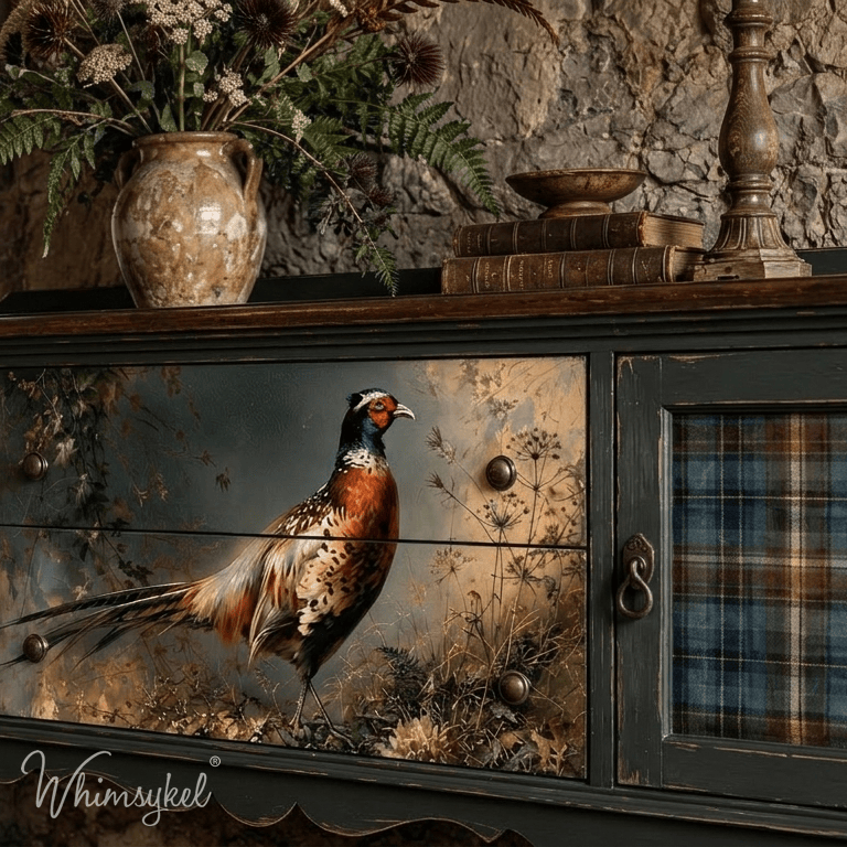 A rustic dark wood cabinet with decorative painted panels, featuring a pheasant decoupage paper on the drawers and a plaid door, styled in a cozy room setting with a vase of flowers and books.