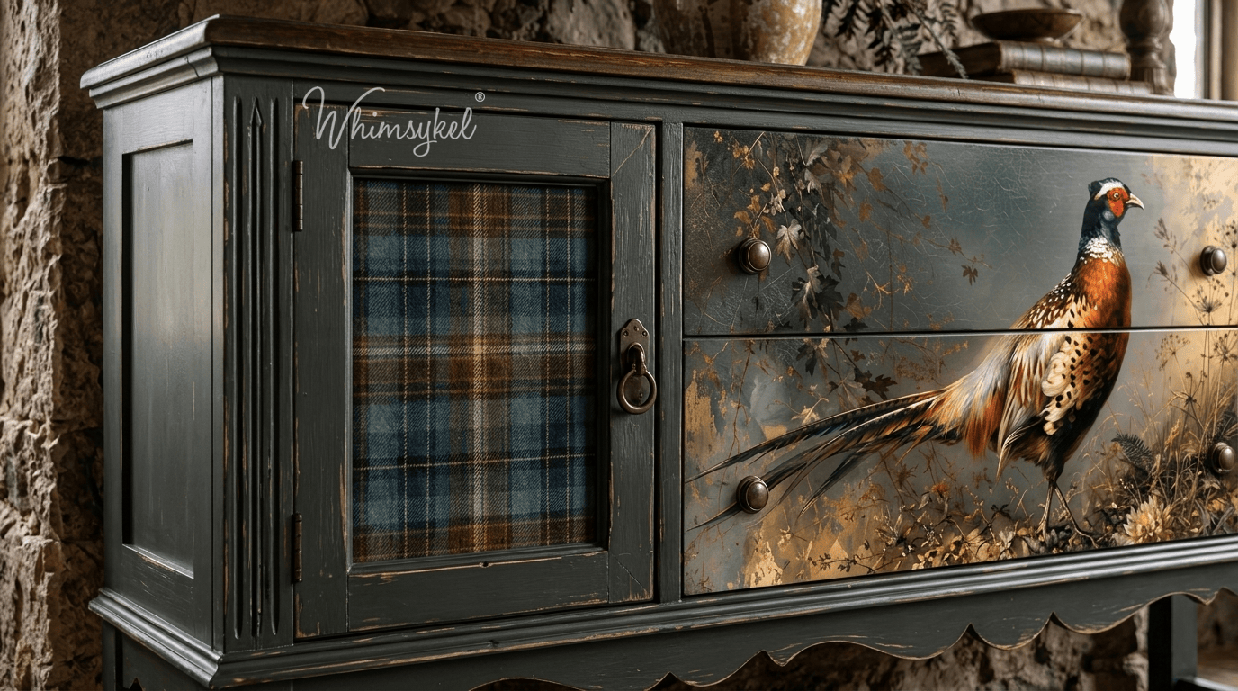 A dark painted buffet with 'teal tartan' door insert and a decoupaged pheasant called 'The Visitor' on the drawers.