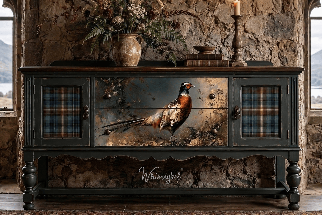 A dark wood buffet cabinet with a large decoupage paper design  of a pheasant  on the center panel and teal tartan plaid doors on both sides, set against a rustic stone wall with a vase of flowers and candles on top. The brand name Whimsykel is visible near the bottom center.