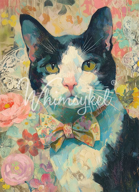 Whimsykel Designs 18 lb decoupage tissue paper featuring a black and white tuxedo cat with detailed fur texture, 21x29