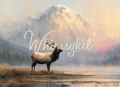 Valley of Stillness decoupage tissue paper featuring a majestic stag in a misty Scottish Highland landscape with distant mountains. the Whimsykel watermark is across the front