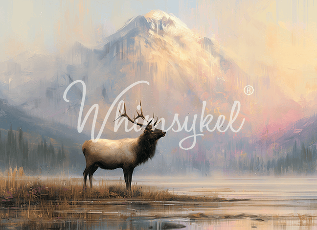 Valley of Stillness decoupage tissue paper featuring a majestic stag in a misty Scottish Highland landscape with distant mountains. the Whimsykel watermark is across the front