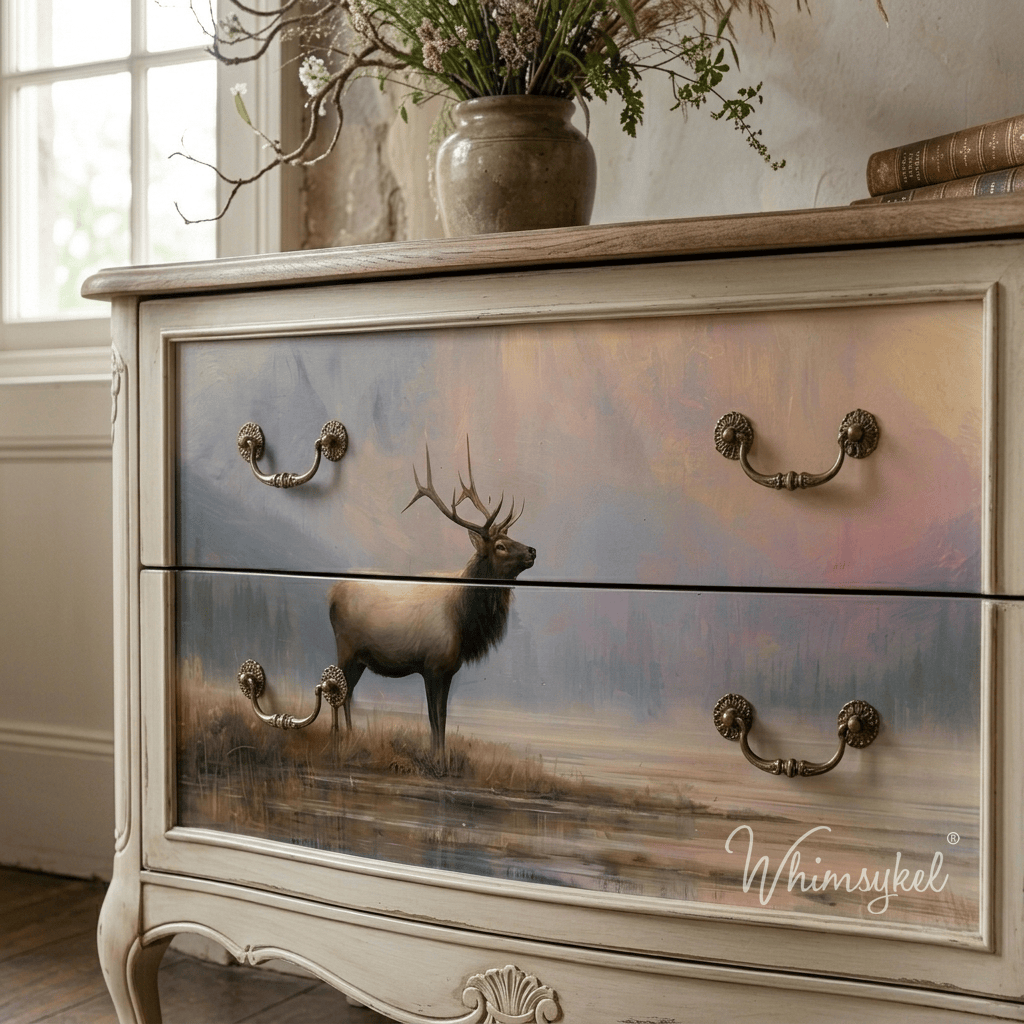 A distressed cream-colored wooden dresser with two large drawers featuring decoupage paper scenic artwork of an elk standing in water under a soft pastel sky. The dresser has ornate metal drawer pulls and is styled in a room setting with a window, vase, and books.
