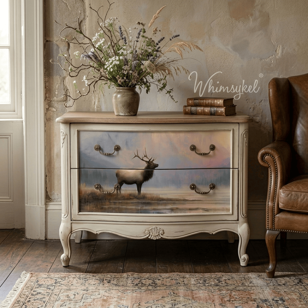 A vintage-style two-drawer chest of drawers with a painted Elk scene on the doors, styled in a rustic room next to a brown leather armchair and a vase of dried flowers. The brand name Whimsykel is visible on the wall.