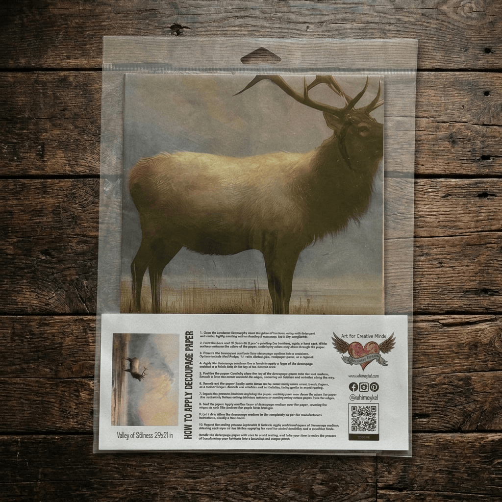 A package of decoupage tissue paper. The product includes a clear plastic bag containing the design Valley of Stillness with instructions.