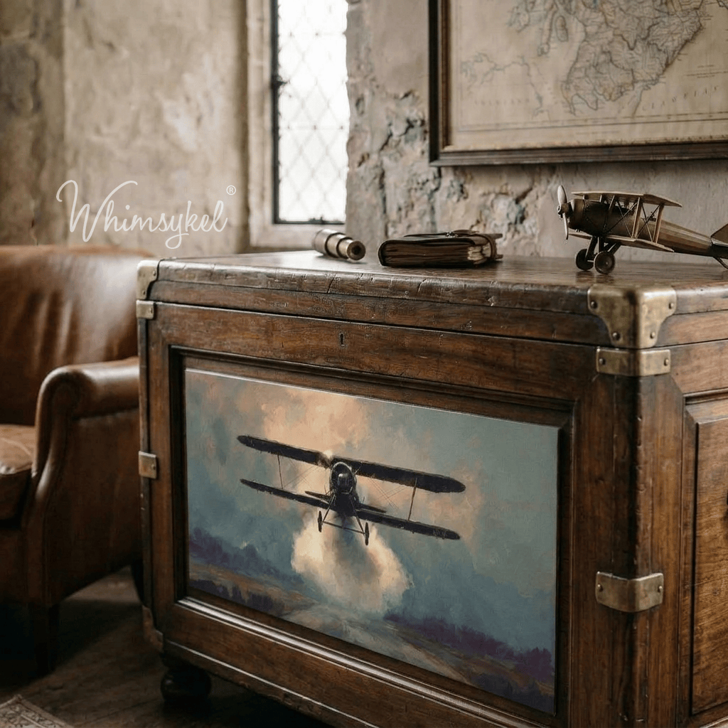 A vintage wooden trunk or chest with brass corner hardware, featuring a painted panel of a biplane flying through clouds. The trunk sits in a rustic room beside a leather armchair, with a model airplane and binoculars on top.