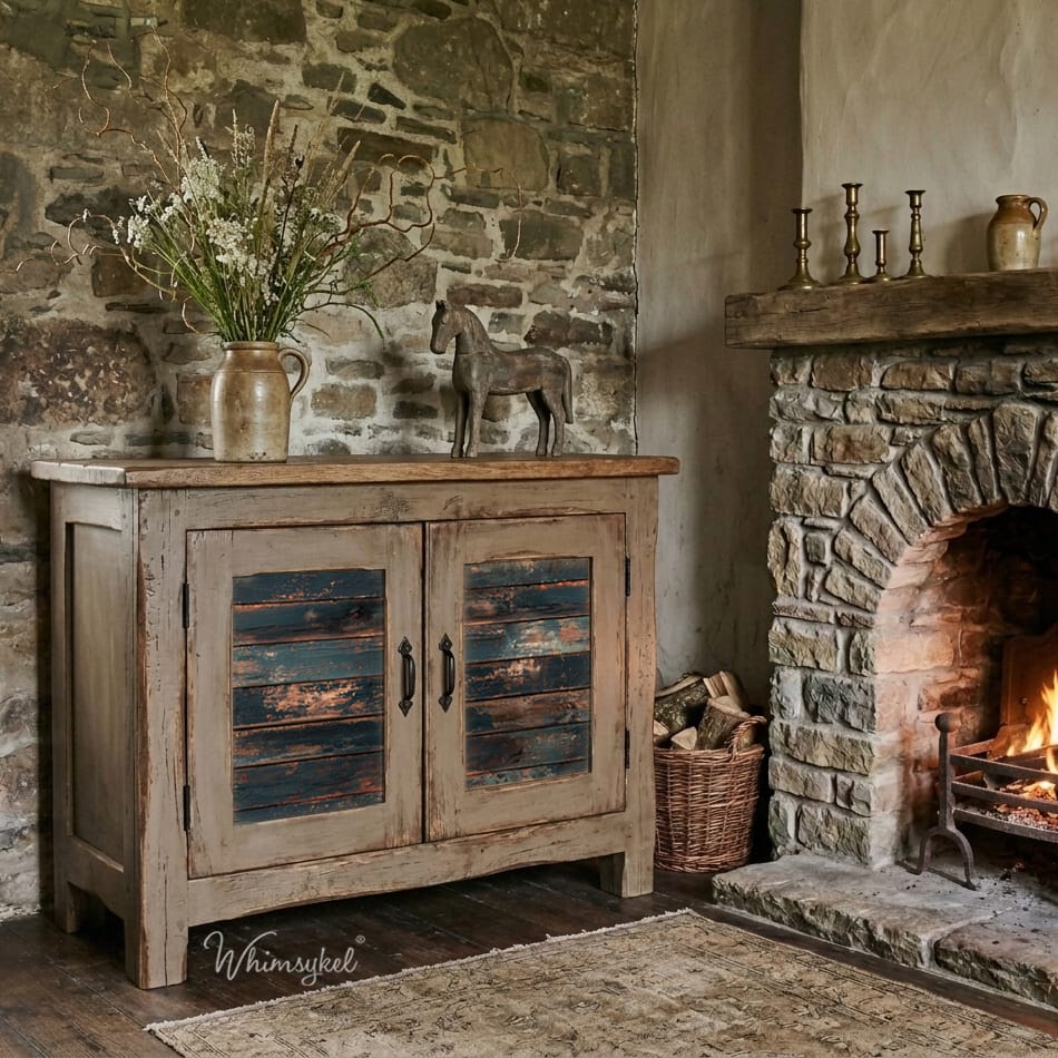 A rustic wooden sideboard cabinet with two doors featuring distressed blue and brown paneling, styled in a cozy stone fireplace room next to a burning hearth.