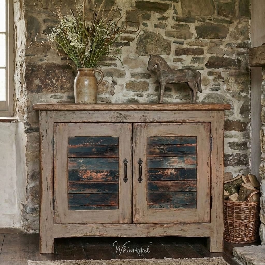A rustic two-door wooden cabinet with distressed blue and brown panel doors, styled in a stone interior with a vase of dried flowers, a horse figurine, and a wicker basket nearby.