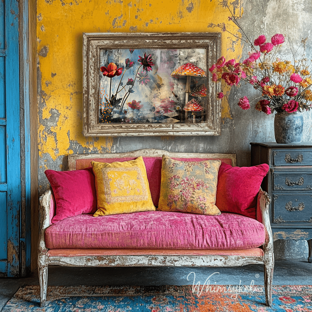 Close-up of vibrant whimsy-themed tissue paper featuring colorful fairy and mushroom patterns with textured tissue fibers.