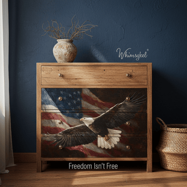 Wooden dresser with American flag and eagle design against a dark blue wall, featuring the brand 'Whimsykeel'.