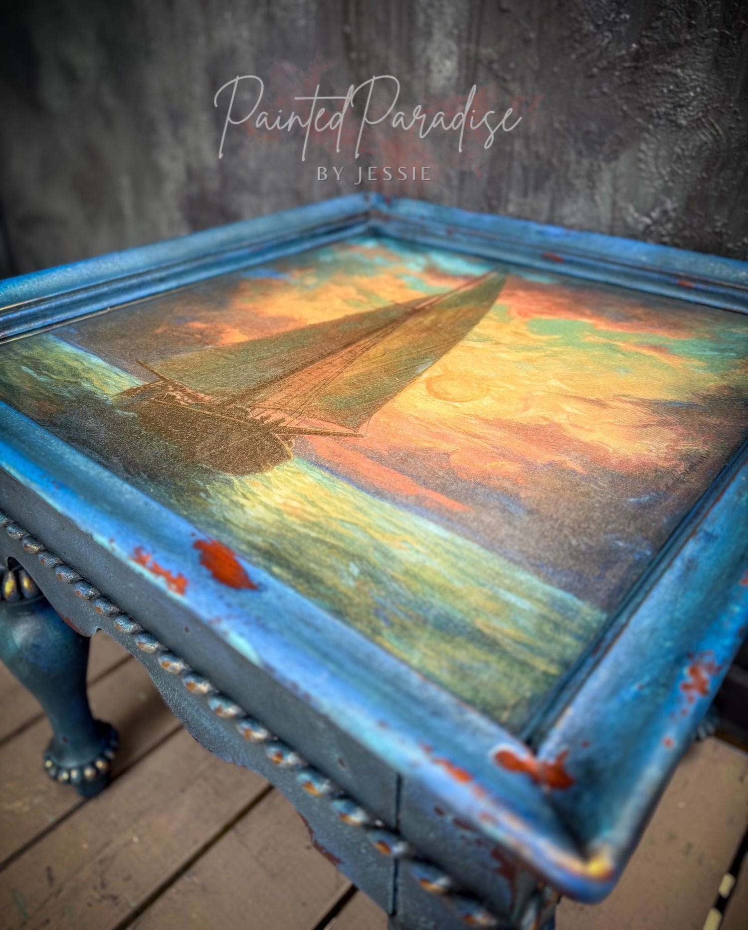 Close-up of textured tissue paper featuring intricate nautical blue and beige patterns, showcasing detailed decoupage